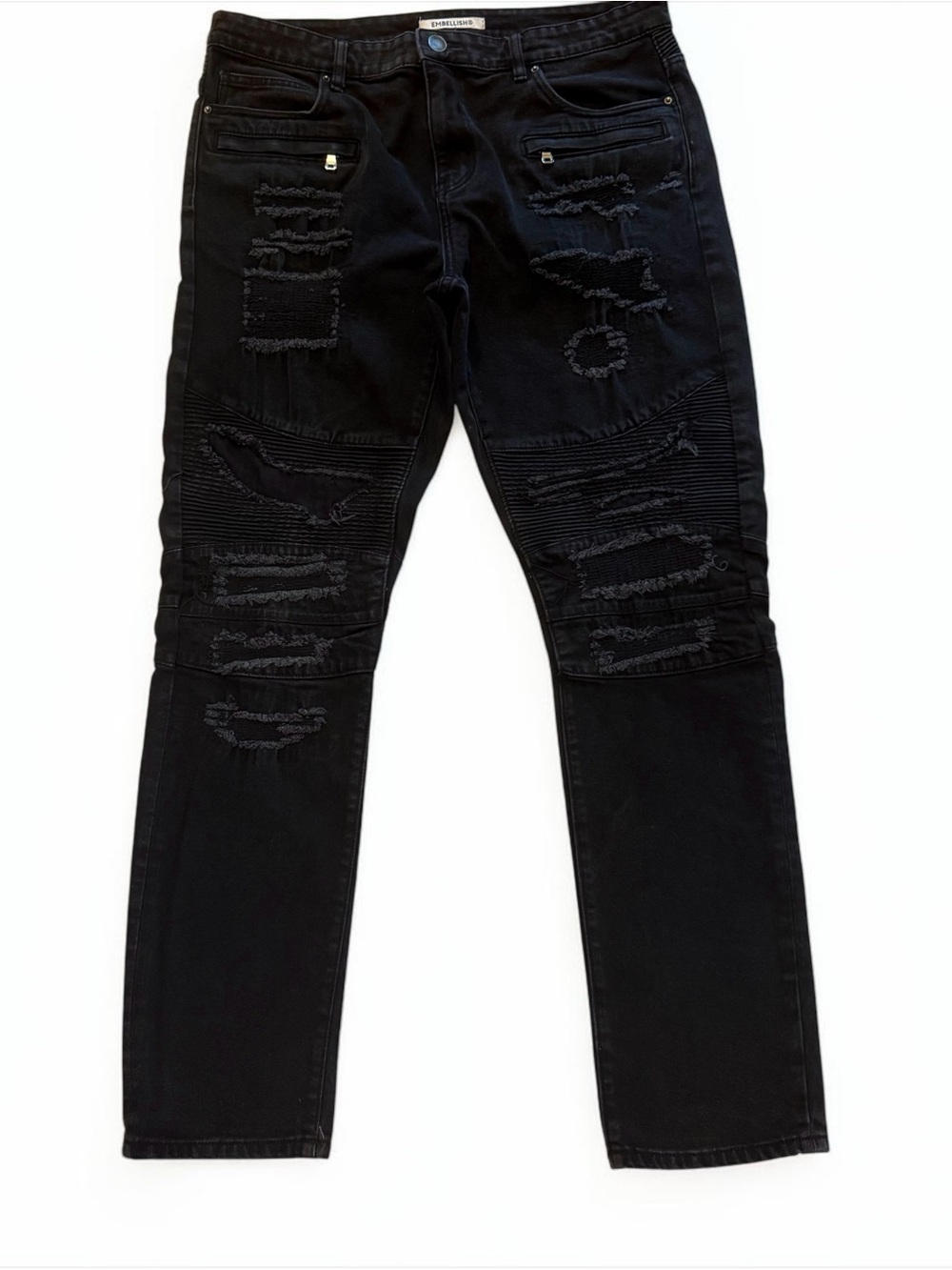 Embellish Men’s Black Distressed Moto Jeans Size 40 Measures 39x33 Zip Pockets
